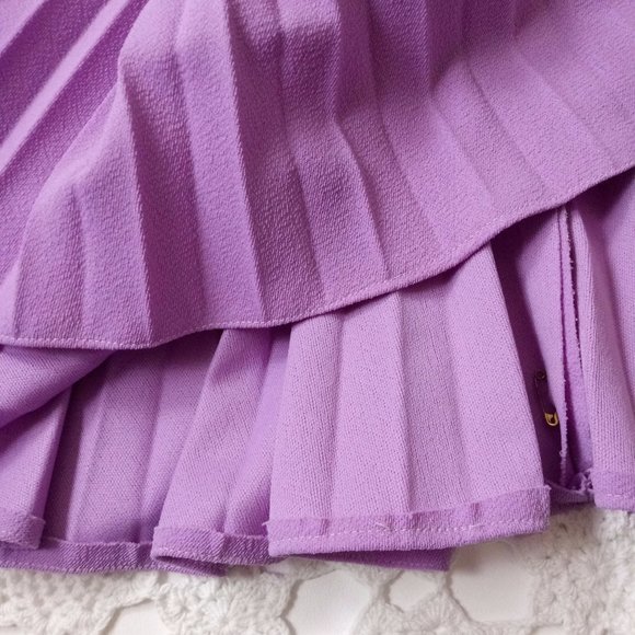 Vtg 70s Small Medium Fit Flare Dress Purple Poly Knit Pleat Skirt Notch Collar - Picture 4 of 6